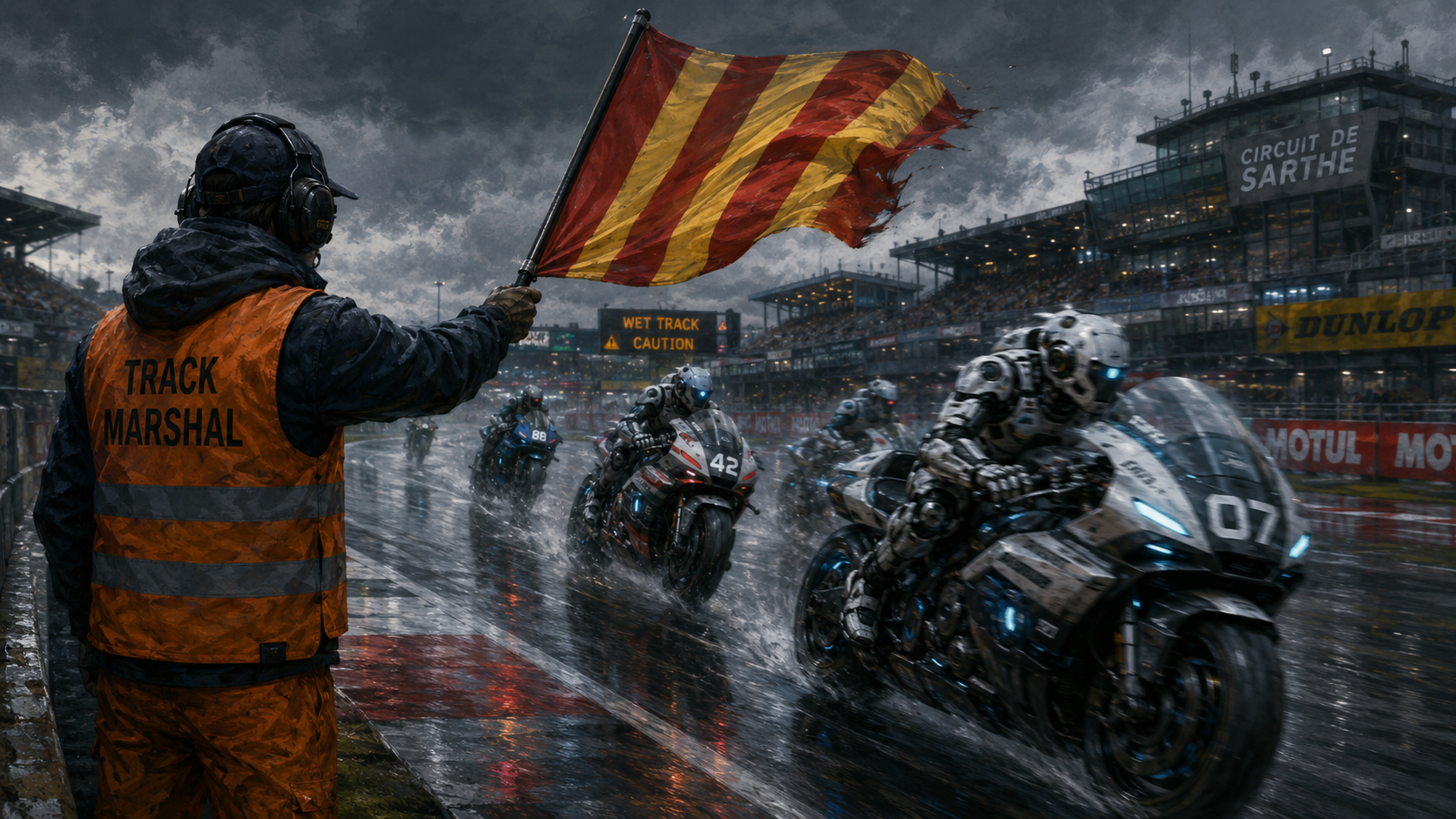 AI-fokus 2026: Motorcycle track marshal in orange vest, holding a red and yellow striped warning flag, sport bikes streaking past in motion blur on a rain-darkened track, the riders clearly androids/robots/ai.