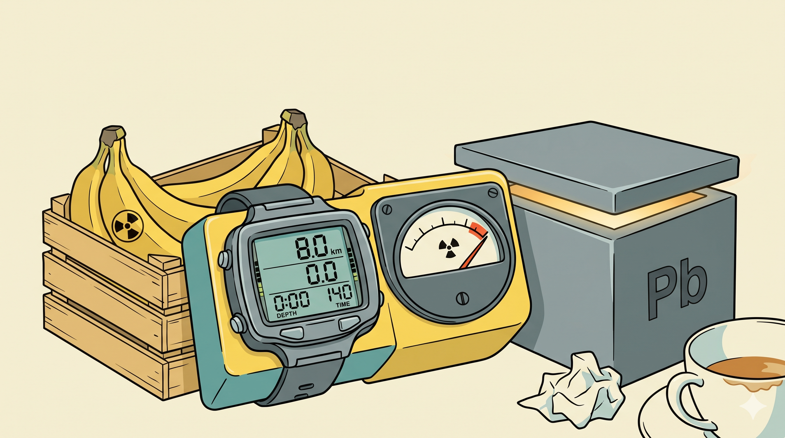 A dive computer fused to a Geiger counter, sitting beside a crate of bananas and a lead box marked Pb, with a cup of tea and crumpled tissues nearby