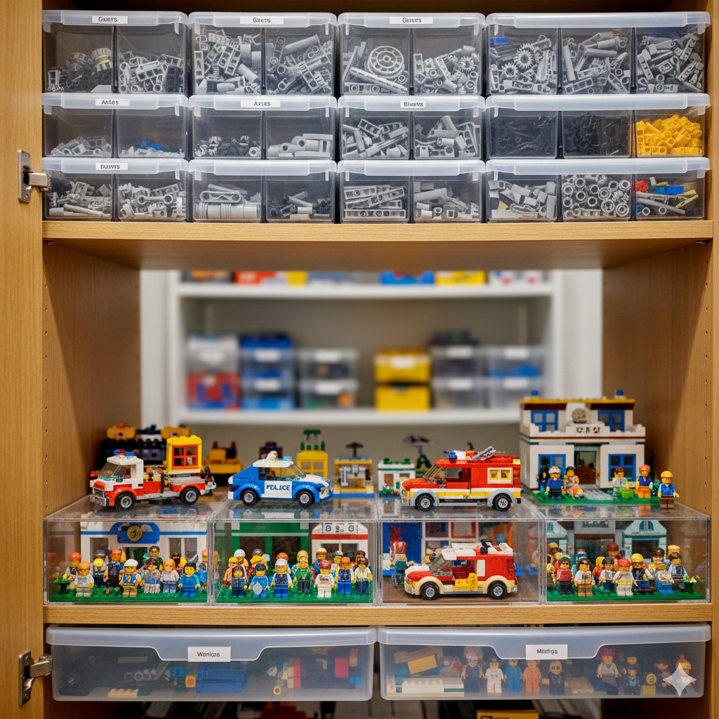LEGO Data Mart - themed storage shelves with LEGO Technic on top and LEGO City on bottom