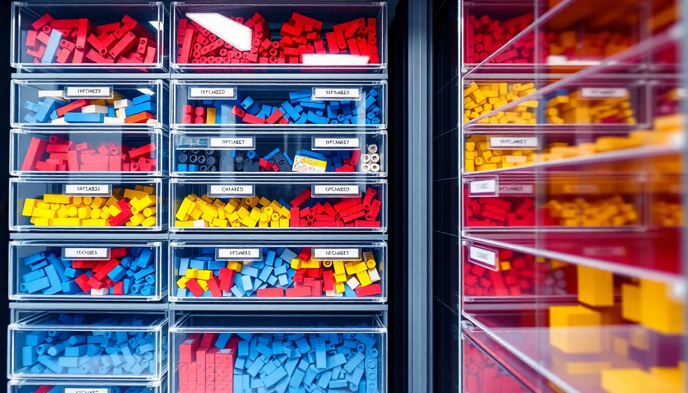 LEGO Data Warehouse - organized storage with sorted pieces by color and type